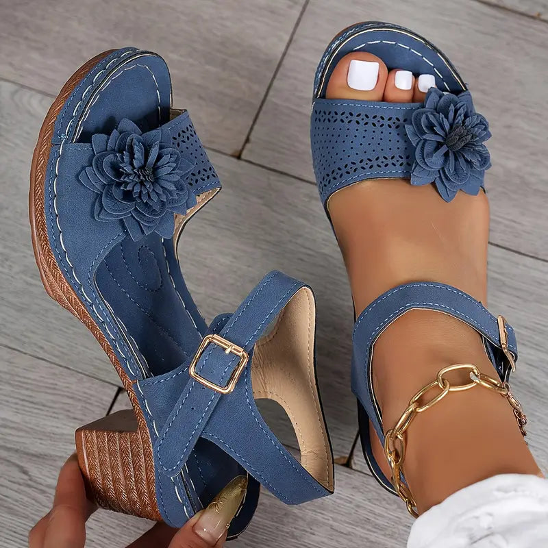 Women’s Comfortable Wedge Sandals – Floral Cutout, Peep Toe, Secure Ankle Strap