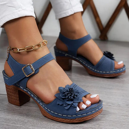 Women’s Comfortable Wedge Sandals – Floral Cutout, Peep Toe, Secure Ankle Strap