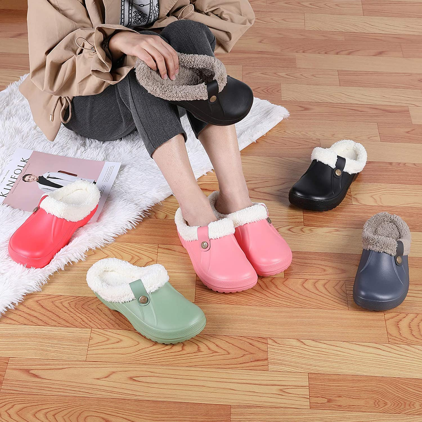Women's Comfort Winter Warm Fleece Lined Mules Slippers Waterproof Indoor Outdoor Non-slip House Shoes