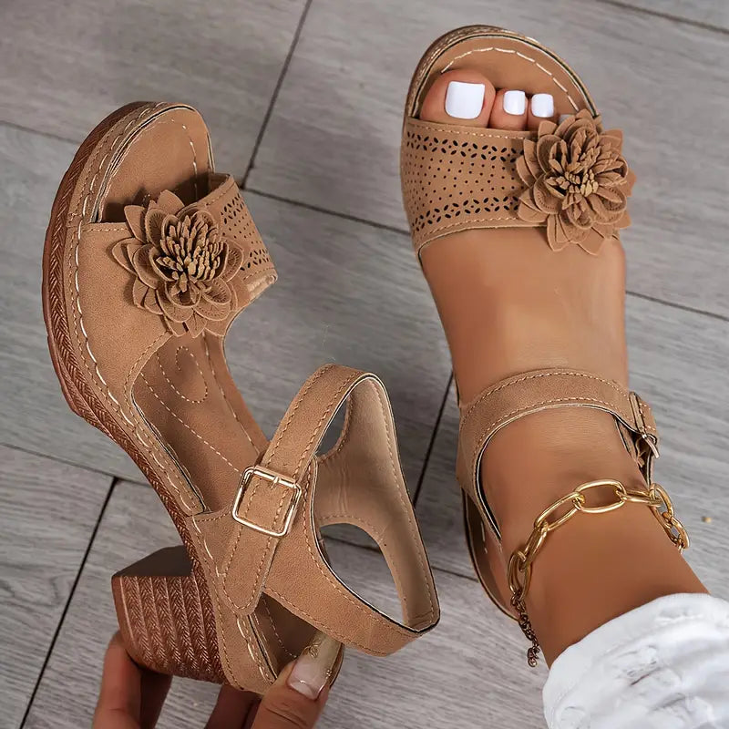 Women’s Comfortable Wedge Sandals – Floral Cutout, Peep Toe, Secure Ankle Strap
