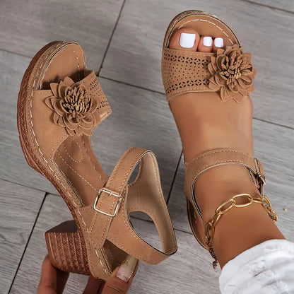 Women’s Comfortable Wedge Sandals – Floral Cutout, Peep Toe, Secure Ankle Strap