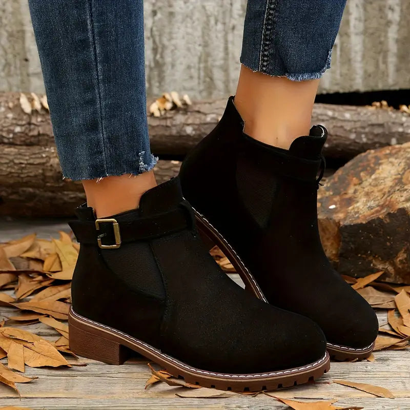 Women’s Low Heel Ankle Boots – Slip-On Comfort with Buckle Strap & Durable Sole