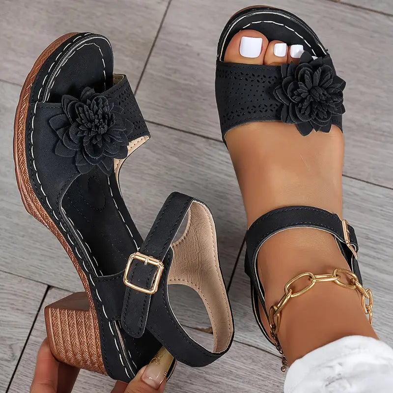 Women’s Comfortable Wedge Sandals – Floral Cutout, Peep Toe, Secure Ankle Strap