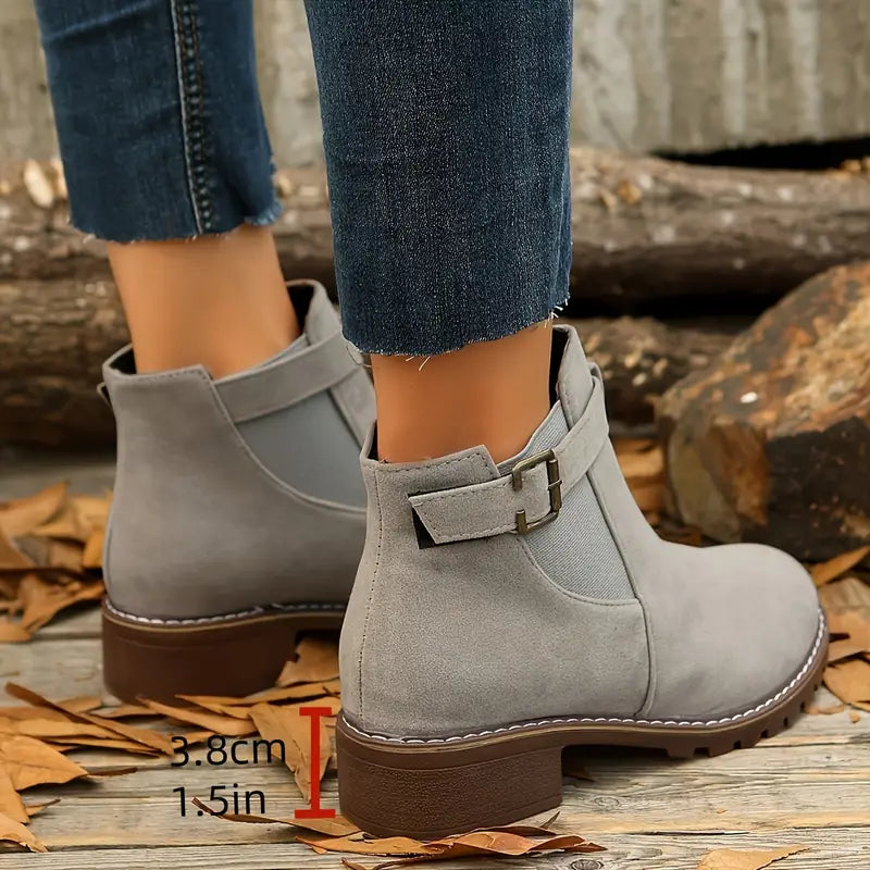 Women’s Low Heel Ankle Boots – Slip-On Comfort with Buckle Strap & Durable Sole