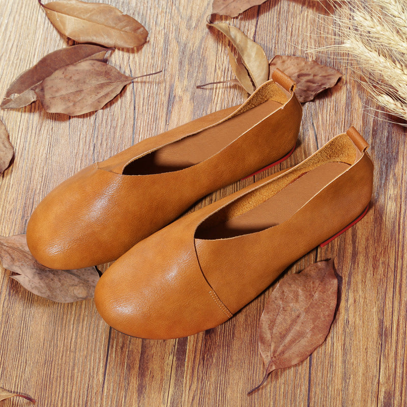 Women's Flat Round Head handmade leather Pumps
