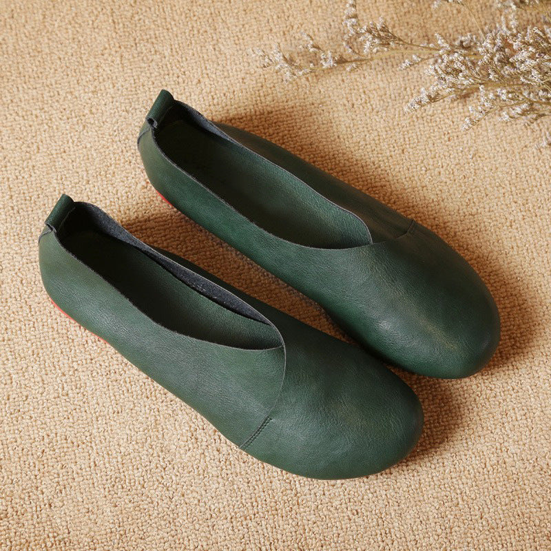 Women's Flat Round Head handmade leather Pumps