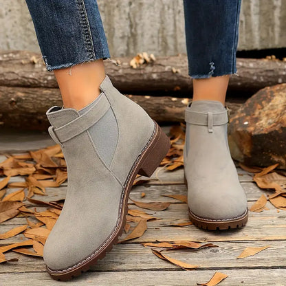 Women’s Low Heel Ankle Boots – Slip-On Comfort with Buckle Strap & Durable Sole