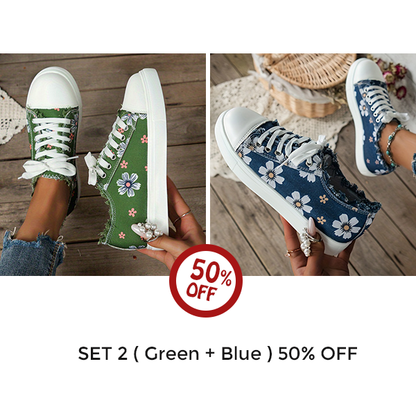 🔥Last Day 60% OFF🔥 Stylish Floral Canvas Sneakers for Women - Comfortable Low Top Lace Up Walking Shoes