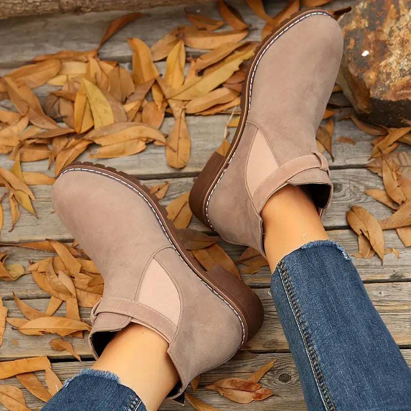Women’s Low Heel Ankle Boots – Slip-On Comfort with Buckle Strap & Durable Sole