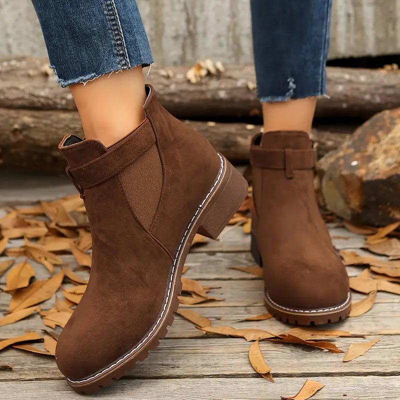 Women’s Low Heel Ankle Boots – Slip-On Comfort with Buckle Strap & Durable Sole