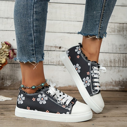 🔥Last Day 60% OFF🔥 Stylish Floral Canvas Sneakers for Women - Comfortable Low Top Lace Up Walking Shoes